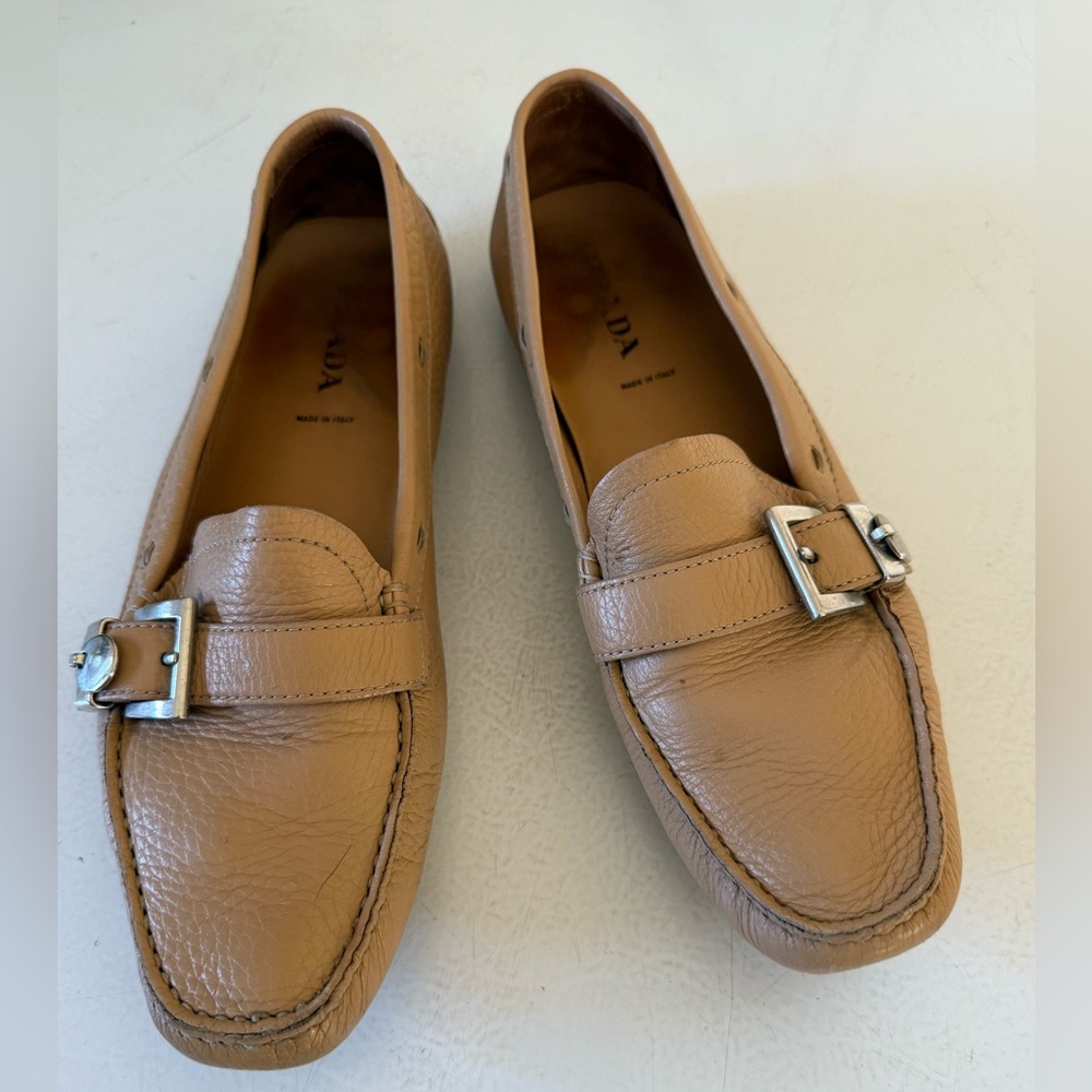 Prada Tan Leather Loafers with Silver Buckle